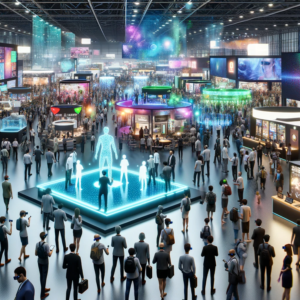 A bustling convention center with attendees exploring various augmented reality exhibits, featuring holographic displays and interactive booths.