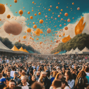 Outdoor Festival with Augmented Reality Images in the Sky