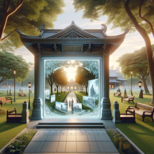 An ornate virtual museum gateway appears in a tranquil park, offering a portal to historical vistas via augmented reality