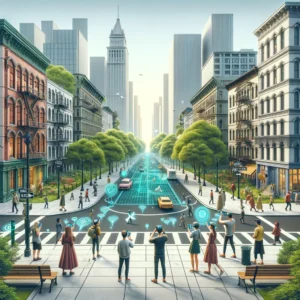 itizens explore an augmented reality-infused urban street, with digital interfaces and holograms blending into the cityscape